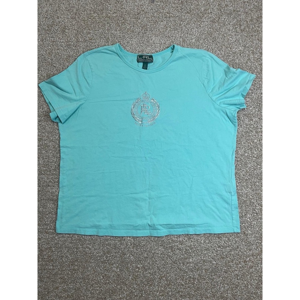 Lauren Ralph Lauren Blue Petite Top Y2K Bling Rhinestone Logo Shirt Size 2X